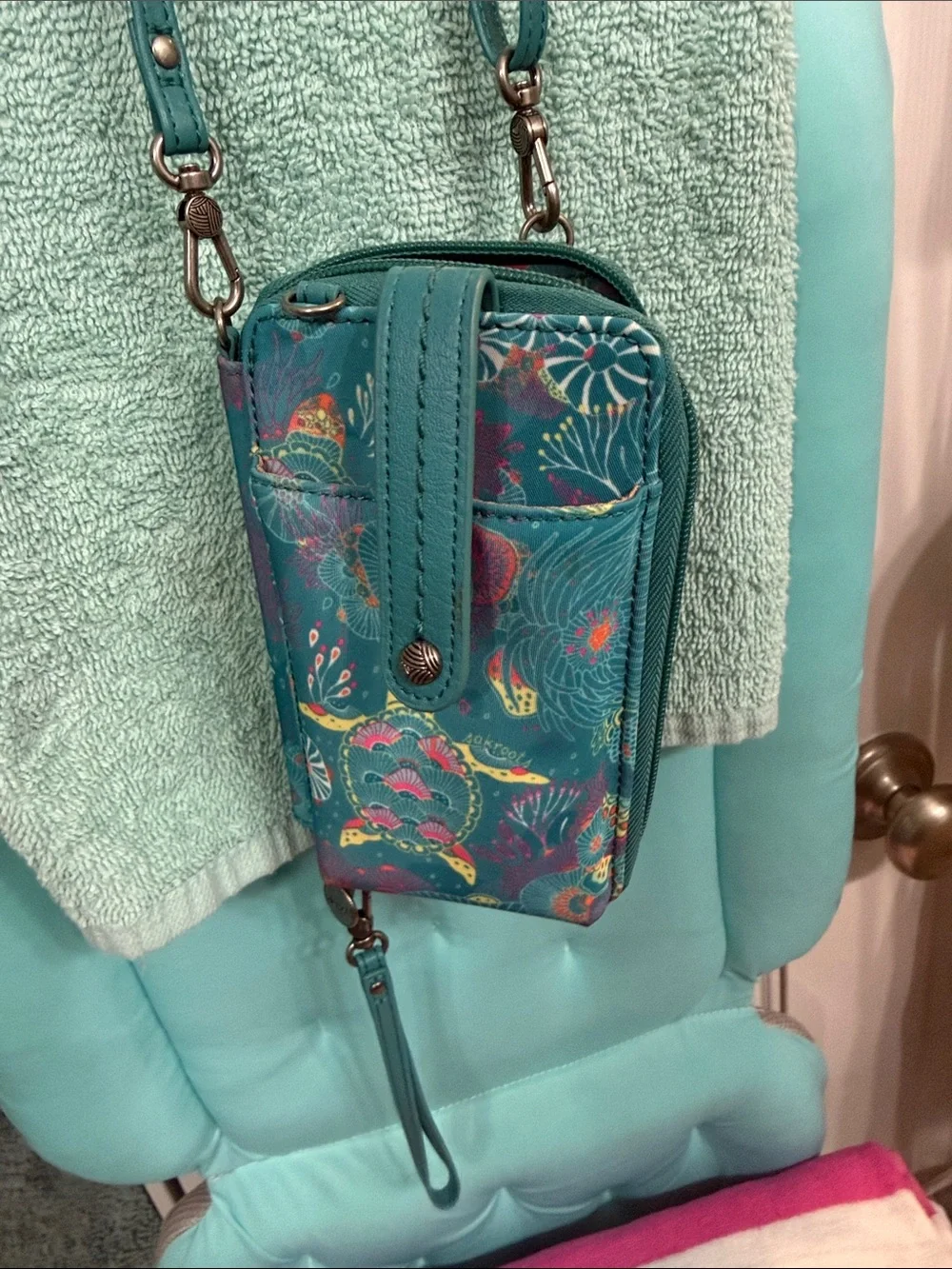 Sakroots Teal Floral Print Crossbody Phone Pouch